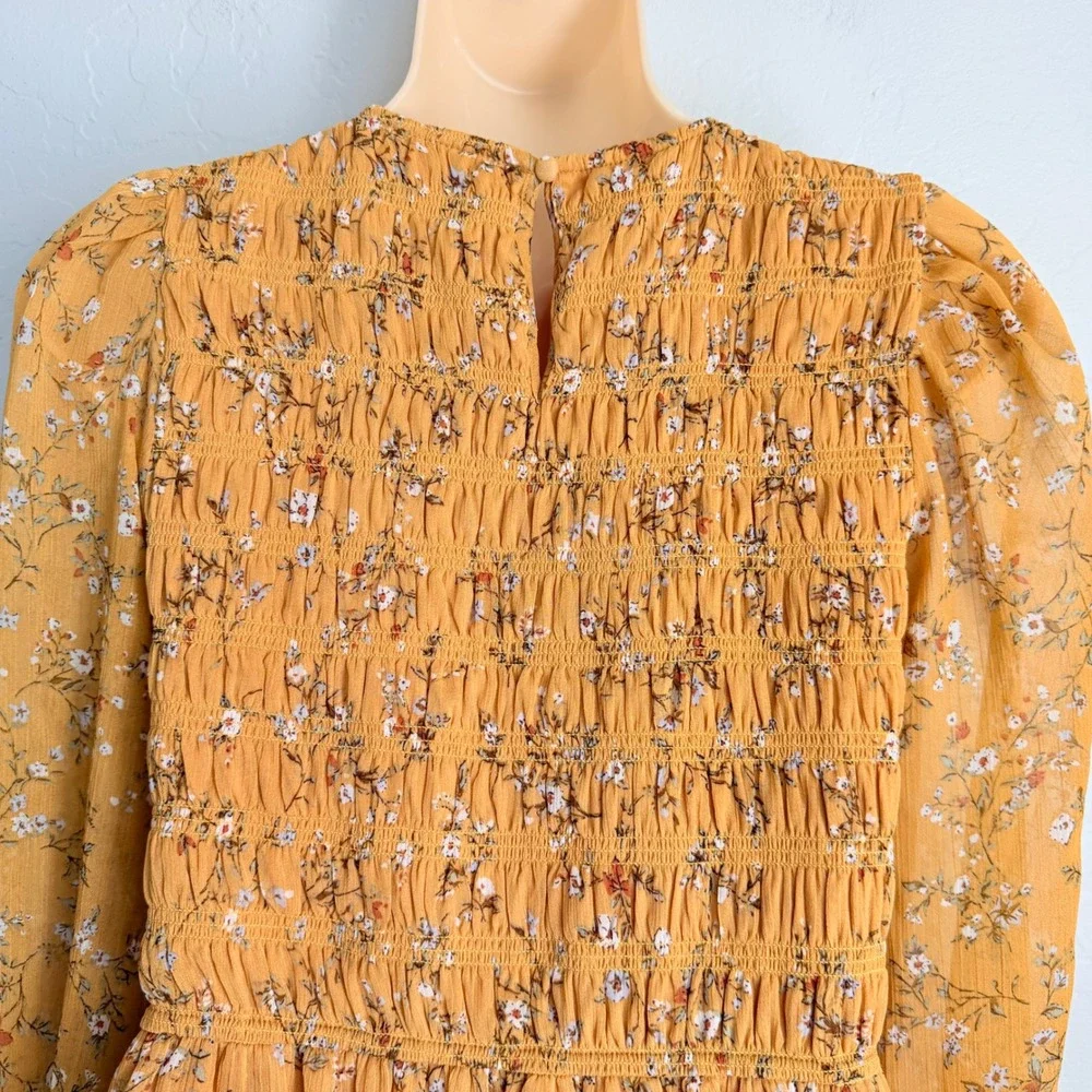 August Sky Mustard Yellow Floral Smocked Tiered Midi Dress Small Long Sleeve - Picture 6 of 13
